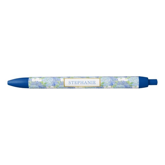 Blauwe Hortensia Bloemige Gepersonaliseerde Naam P Zwarte Inkt Pen (Voorkant)