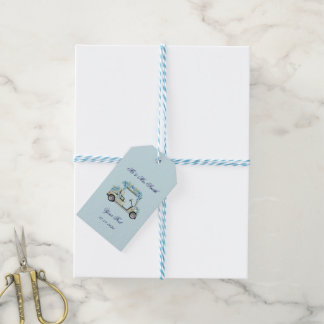 Blauwe Hortensia Bloemige Golfkar Trouw Favor Tags Cadeaulabel