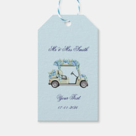 Blauwe Hortensia Bloemige Golfkar Trouw Favor Tags Cadeaulabel