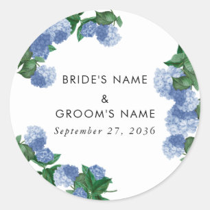 Blauwe Hortensia Bloemige Groene Moderne Trouw Ronde Sticker