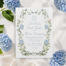 Blauwe Hortensia Bloemige Monogram Wapen Huwelijk