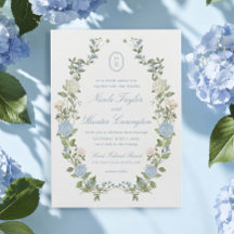 Blauwe Hortensia Bloemige Monogram Wapen Huwelijk