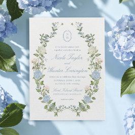 Blauwe Hortensia Bloemige Monogram Wapen Huwelijk Kaart