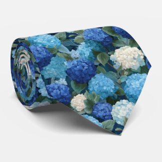 Blauwe Hortensia Bloemmotief met Bladeren Stropdas
