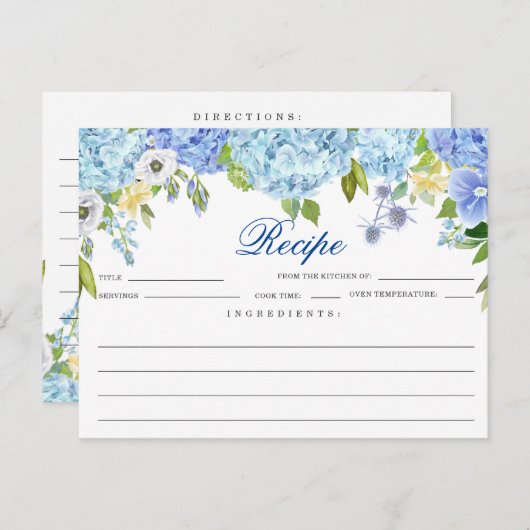 Blauwe Hortensia Bloemrijke Bruiloft Recept Kaart (Voorkant / Achterkant)