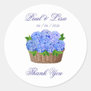Blauwe Hortensia Bloemstuk Monogram Trouw Favor Ronde Sticker