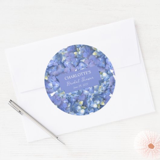 Blauwe Hortensia Bloesems Persoonlijke Bruids Show Ronde Sticker (Envelop)