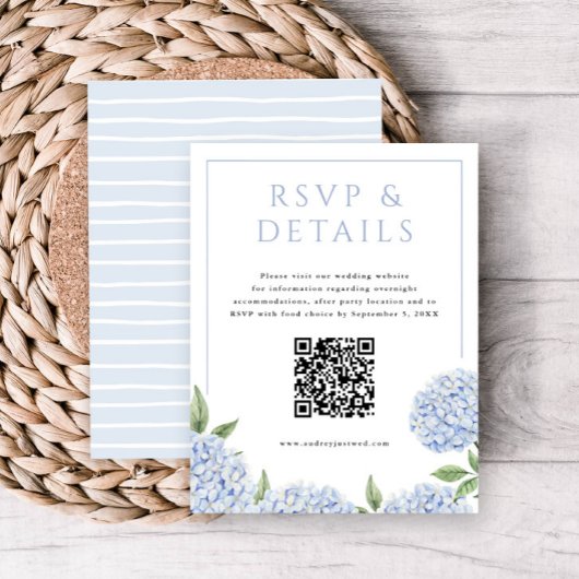 Blauwe hortensia Blooms RSVP en details, met QR-co Informatiekaartje