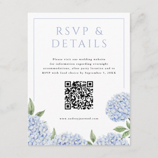 Blauwe hortensia Blooms RSVP en details, met QR-co Informatiekaartje (Voorkant)