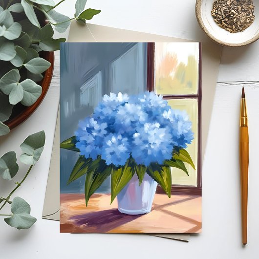 Blauwe hortensia boeket bloemenschilderij briefkaart