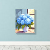 Blauwe hortensia boeket bloemenschilderij canvas afdruk (Insitu (Houten vloer))