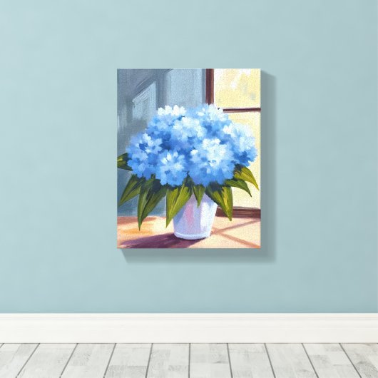 Blauwe hortensia boeket bloemenschilderij canvas afdruk (Insitu (Houten vloer))
