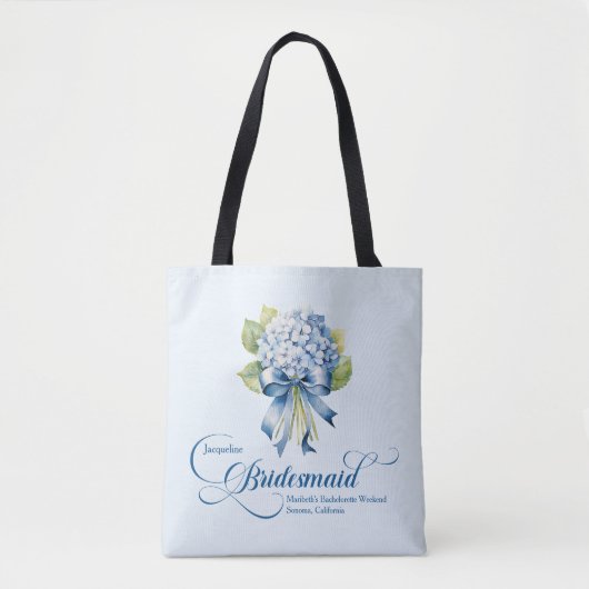 Blauwe hortensia boeket bruidsmeisje Bachelorette Tote Bag (Voorkant)