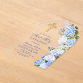 Blauwe hortensia boog eerste communie acryl uitnodigingen (Laagn)
