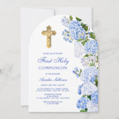 Blauwe hortensia boog eerste communie kaart (Voorkant)