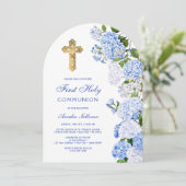 Blauwe hortensia boog eerste communie kaart (Staand voorkant)