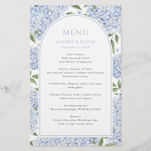 Blauwe Hortensia Boog Rand Bruiloft Papier Menu (Voorkant)