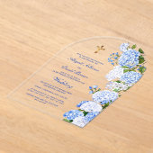 Blauwe Hortensia Boog Religieuze Trouwfeest Acryl Uitnodigingen (Laagn)
