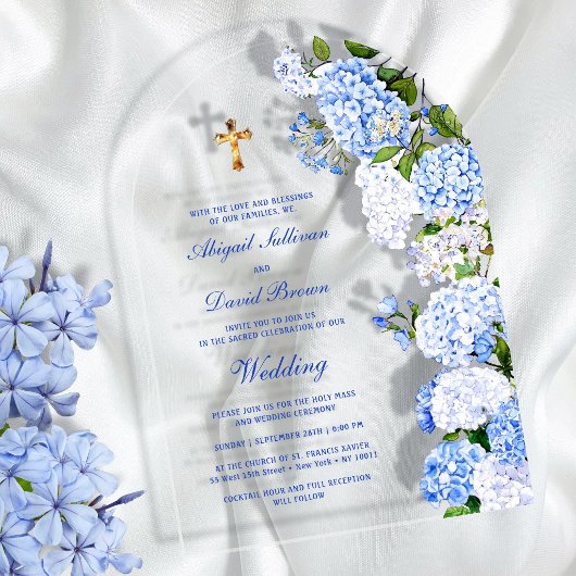 Blauwe Hortensia Boog Religieuze Trouwfeest Acryl Uitnodigingen