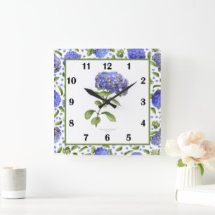 Blauwe Hortensia Botanische Kunst Wandklok