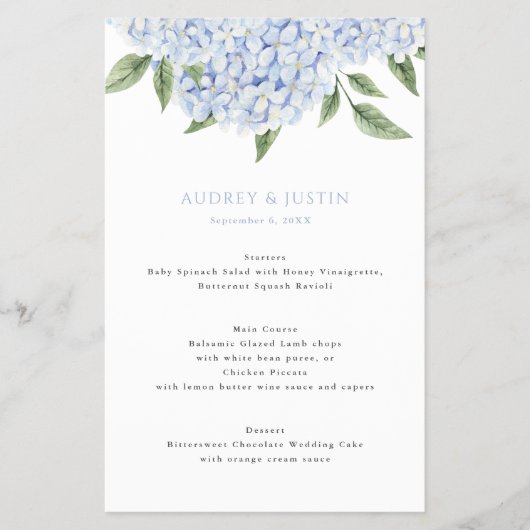 Blauwe Hortensia Bovenrand Bruiloft Papier Menu (Voorkant)