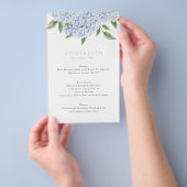 Blauwe Hortensia Bovenrand Bruiloft Papier Menu (Hand)