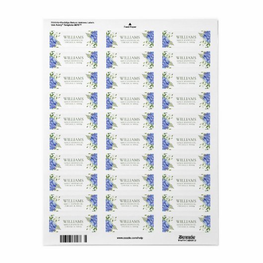 Blauwe Hortensia Bruidsbruiloft Retouradres Etiket (Full Sheet)