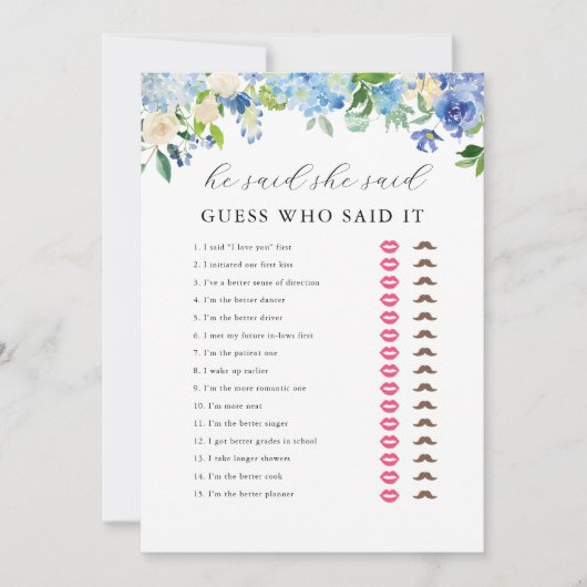 Blauwe Hortensia Bruidsdouche Hij zei Zij zei Spel Kaart (Voorkant)