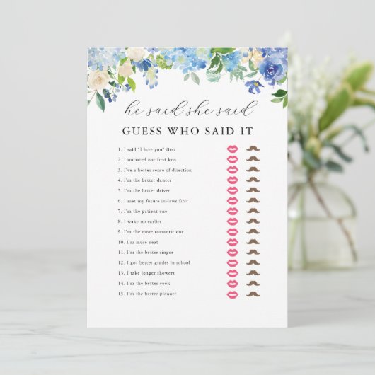 Blauwe Hortensia Bruidsdouche Hij zei Zij zei Spel Kaart (Staand voorkant)