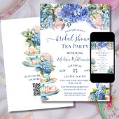 Blauwe Hortensia Bruidsdouche Theepartij QR-code Kaart