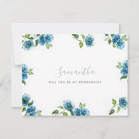 Blauwe Hortensia Bruidsmeisje Voorstelkaarten (Voorkant)