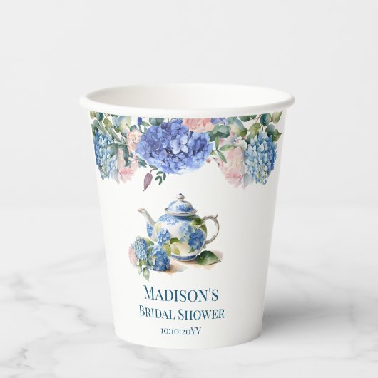 Blauwe Hortensia Bruidstheeparty Papieren Bekers (Voorkant)