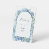 Blauwe Hortensia Bruiloft Favoren Reclamebord Met Voetstuk (Voorkant)