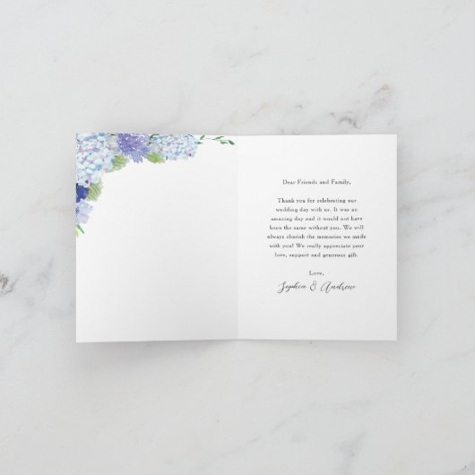 Blauwe hortensia bruiloft gepersonaliseerde bedank (Binnen)