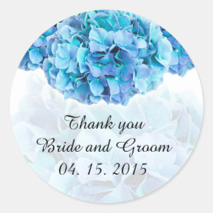 Blauwe hortensia bruiloft gunst label sticker