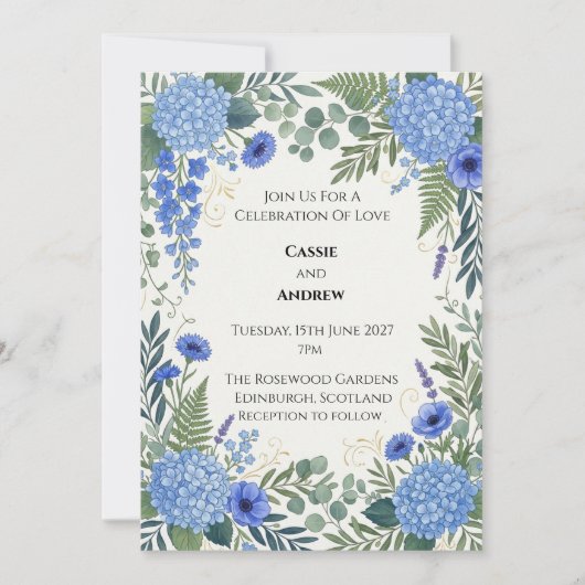 Blauwe Hortensia Bruiloft Kaart (Voorkant)