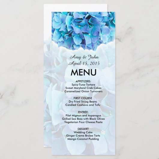 Blauwe hortensia bruiloft menu (Voorkant / Achterkant)