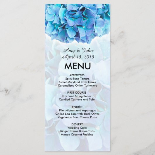 Blauwe hortensia bruiloft menu (Voorkant)