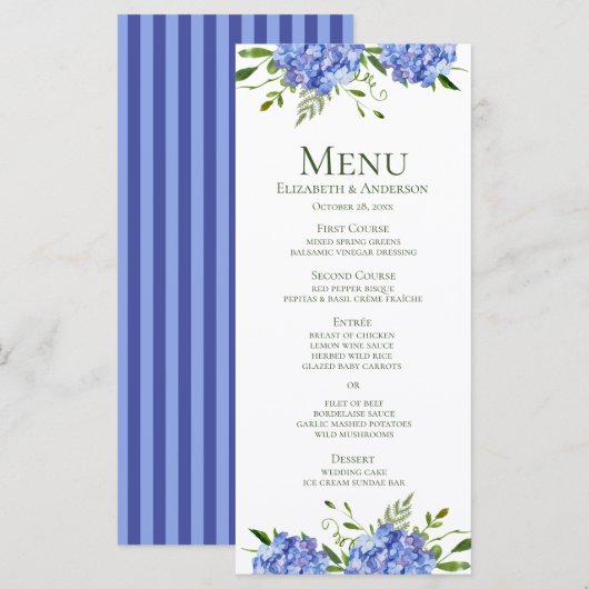 Blauwe Hortensia Bruiloft Menu (Voorkant / Achterkant)