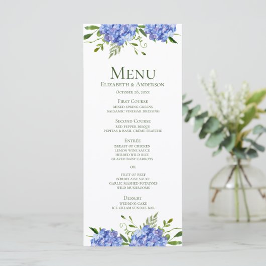 Blauwe Hortensia Bruiloft Menu (Staand voorkant)