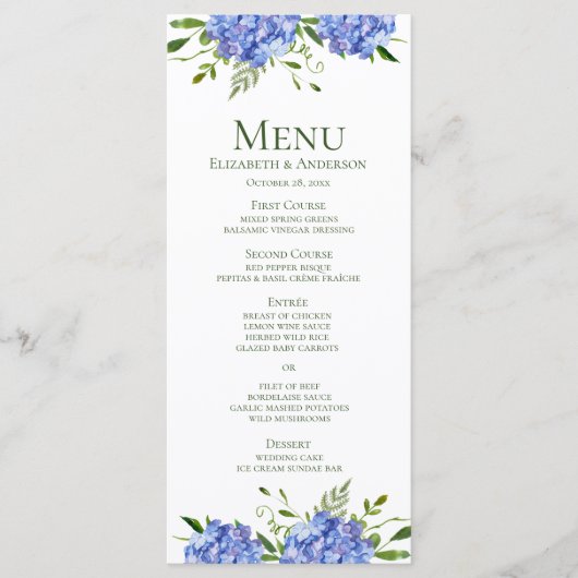 Blauwe Hortensia Bruiloft Menu (Voorkant)