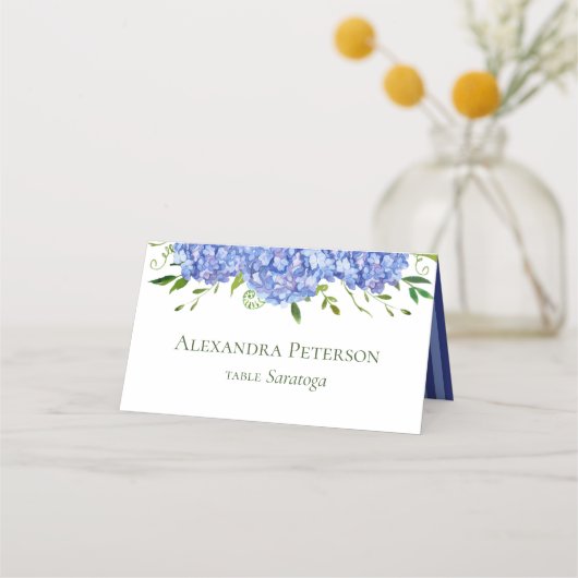 Blauwe Hortensia Bruiloft Plaatskaartje (Voorkant)