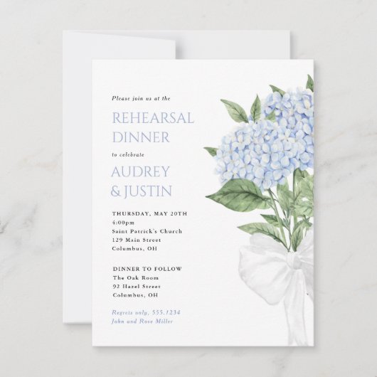 Blauwe hortensia bruiloft repetitie diner klein kaart (Voorkant)