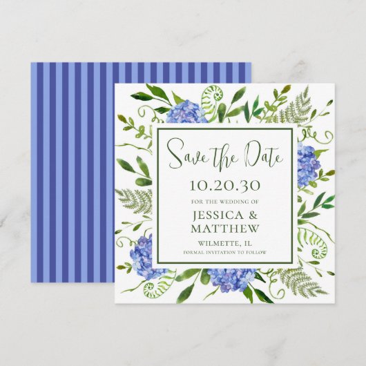 Blauwe Hortensia Bruiloft Save The Date (Voorkant / Achterkant)