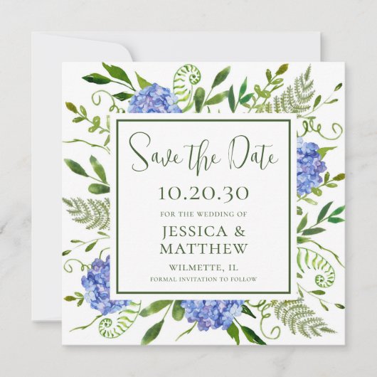 Blauwe Hortensia Bruiloft Save The Date (Voorkant)