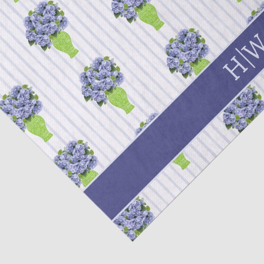 Blauwe Hortensia Bruiloft Strand Monogram Tissuepapier (Detail)
