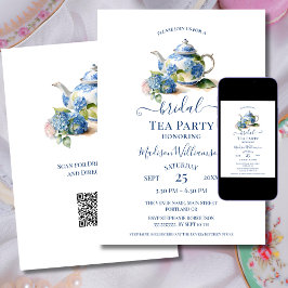 Blauwe Hortensia Bruilofts Theepartij QR-code Kaart
