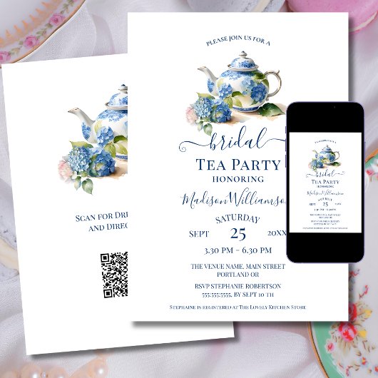 Blauwe Hortensia Bruilofts Theepartij QR-code Kaart
