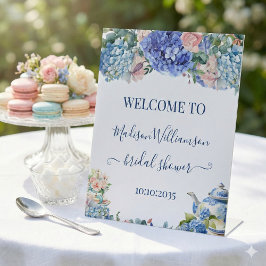 Blauwe Hortensia Bruiloftstheeceremonie Welkom Reclamebord Met Voetstuk