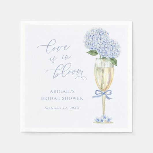 Blauwe Hortensia Champagneglas & Lint Liefde in Bl Servet (Voorkant)
